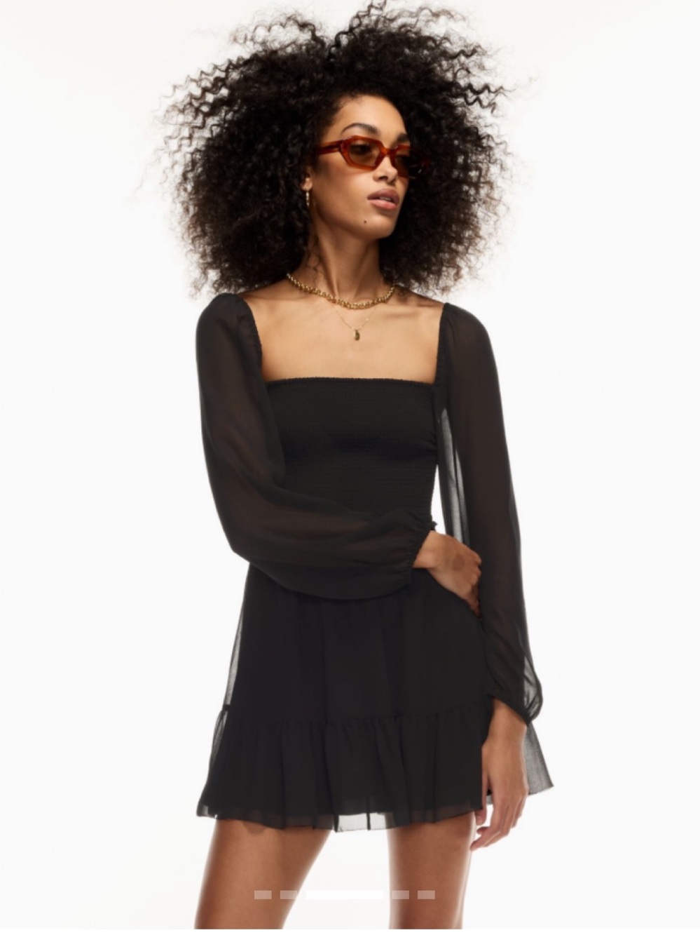 Aritzia black square-neck smocked mini dress